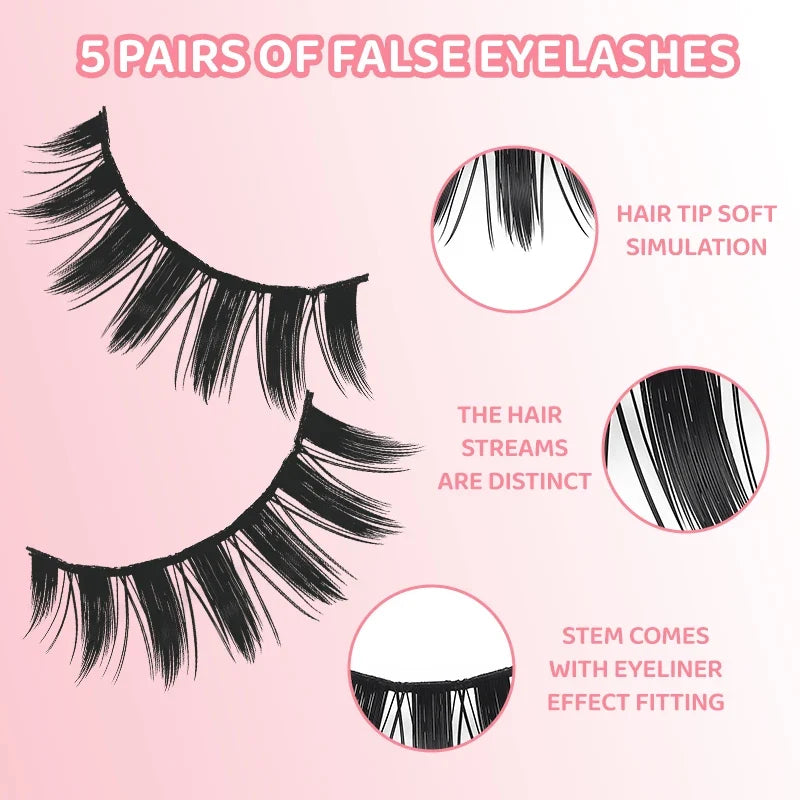 DINGSEN 5 Pairs Manga Lashes Eyes Lashes Soft Natural Long Eyelashes Fake Lashes Anime Wispy Strip False Eyelashes Makeup