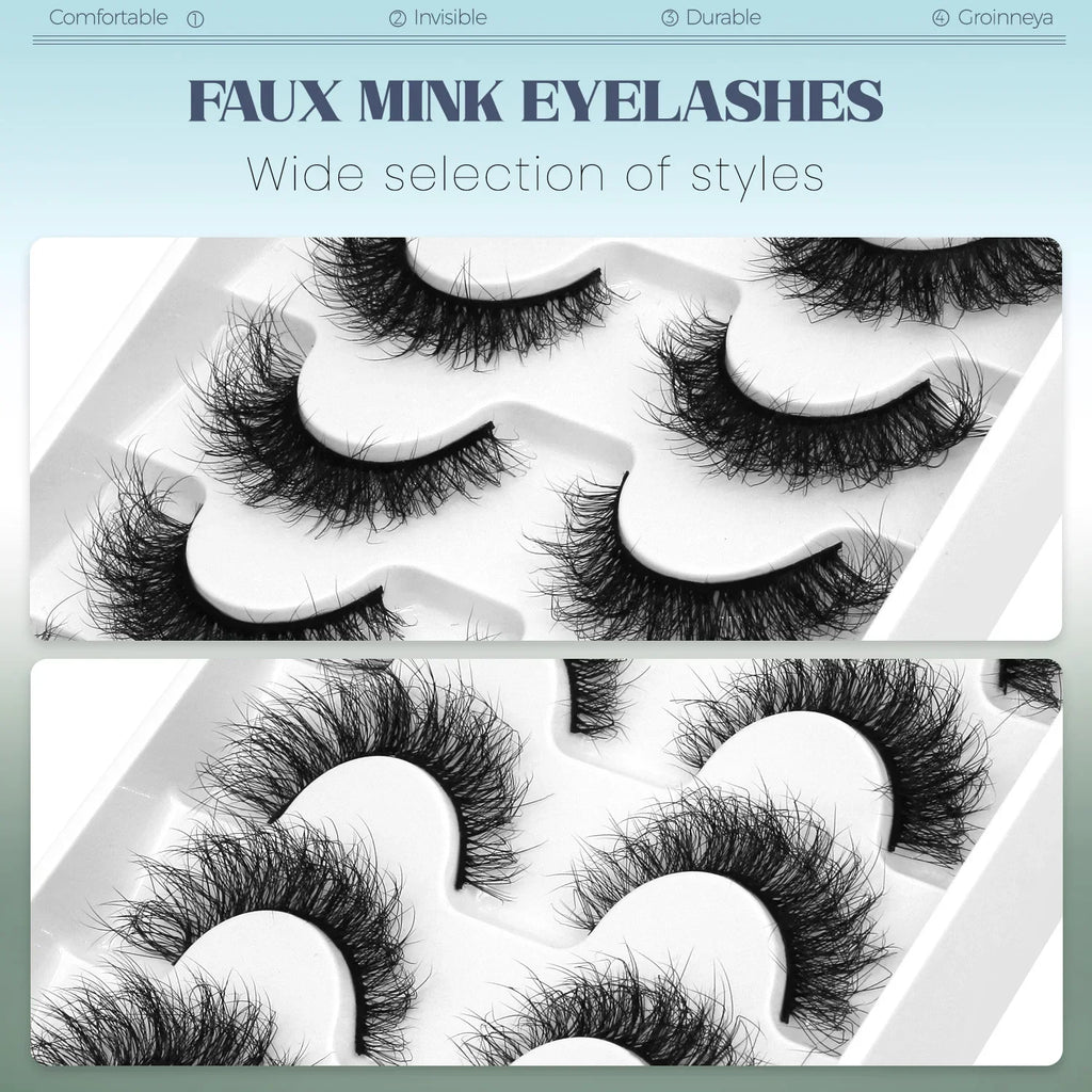 GROINNEYA Fake Lashes Fluffy Cat Eye Lashes 8D Fluffy Volume False Eyelashes D Curl Dramatic Thick Full Strip Faux Mink Lashes