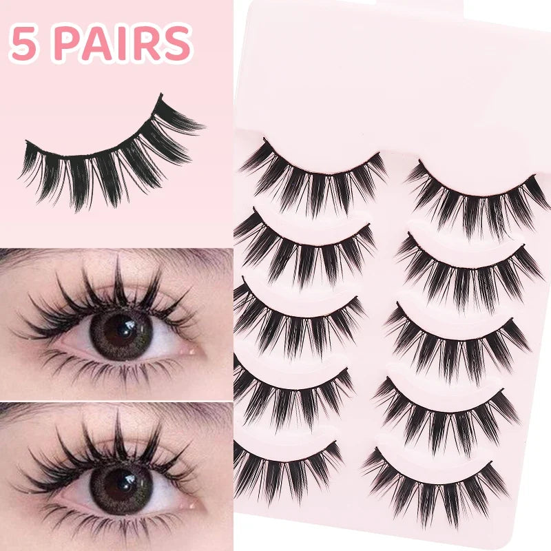 DINGSEN 5 Pairs Manga Lashes Eyes Lashes Soft Natural Long Eyelashes Fake Lashes Anime Wispy Strip False Eyelashes Makeup