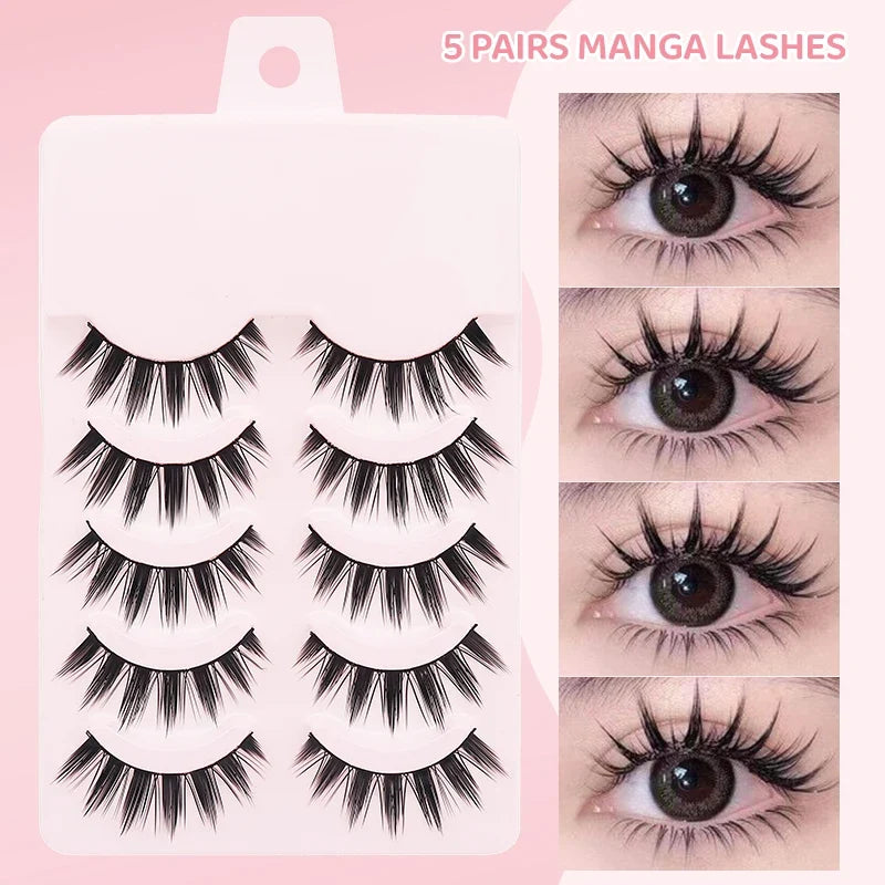 DINGSEN 5 Pairs Manga Lashes Eyes Lashes Soft Natural Long Eyelashes Fake Lashes Anime Wispy Strip False Eyelashes Makeup